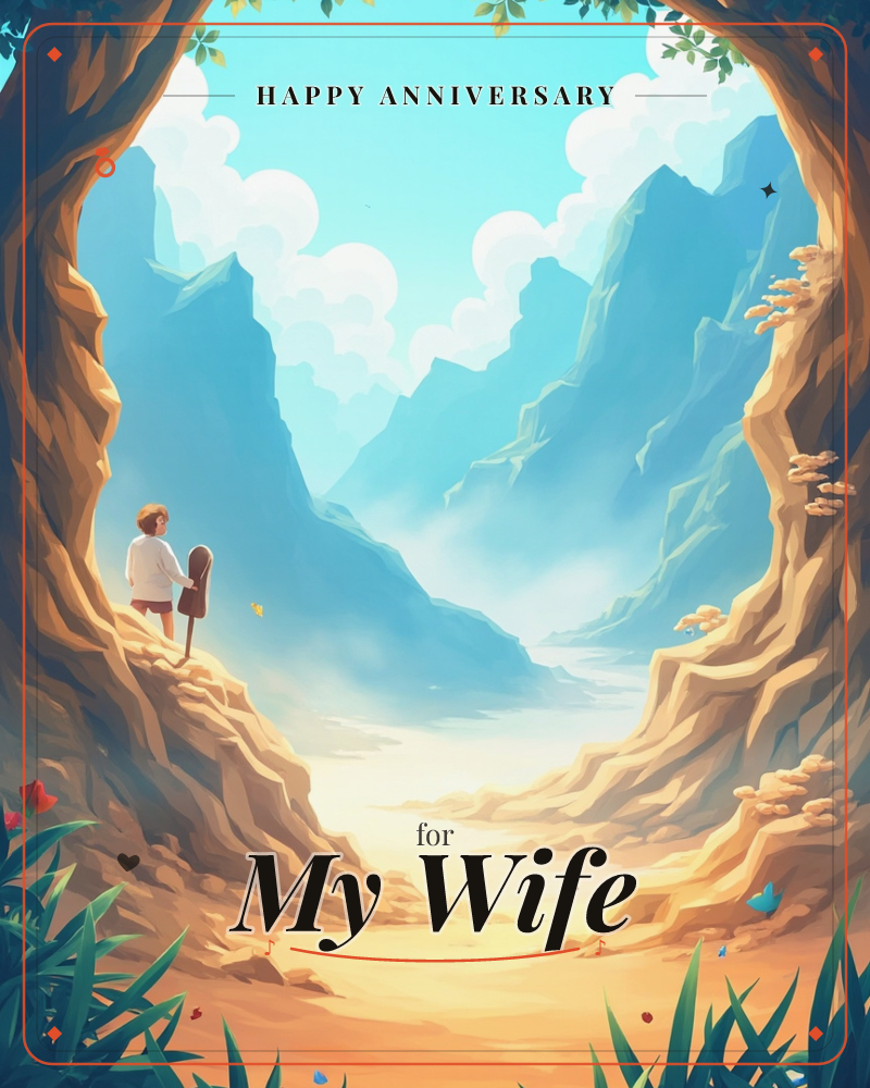 A child stands on a rocky ledge between two towering, tree-topped canyon walls, gazing out at a hazy stretch of blue mountains beyond a golden valley…, a anniversary e-card design