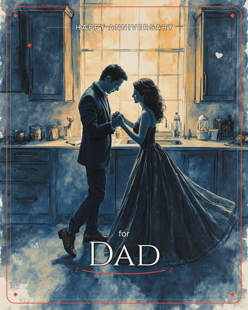 A man in a dark suit and a woman in a flowing evening gown share a slow dance in a moonlit kitchen, holding hands as warm golden light pours through…, a anniversary e-card design
