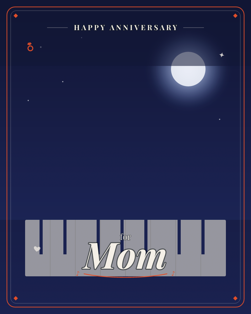 A glowing full moon hangs in a deep navy night sky scattered with faint stars, its soft halo bleeding into the darkness above, a anniversary e-card design by @DittyCityTeam