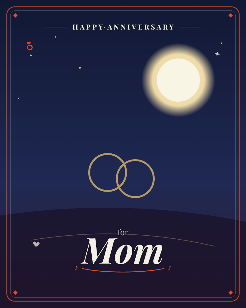 A glowing full moon hangs in a deep navy night sky scattered with faint stars, above two interlocking gold rings drawn in thin outline, a anniversary e-card design by @DittyCityTeam