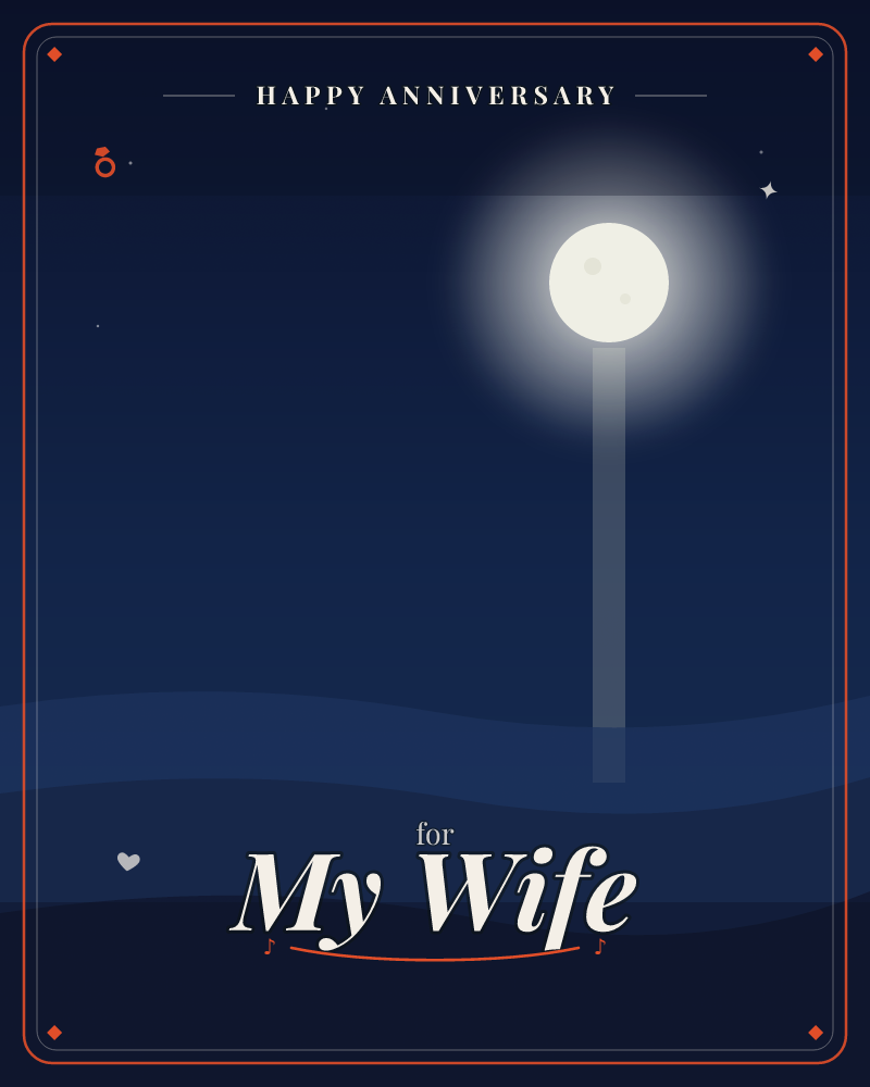A glowing full moon hangs low over a rolling dark landscape, casting a pale reflection straight down onto softly layered hills, a anniversary e-card design by @DittyCityTeam