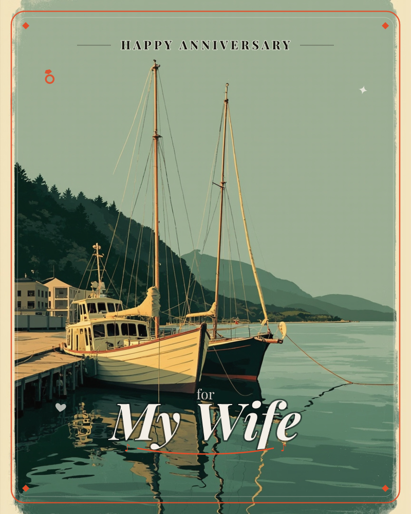 Two masted sailboats sit moored at a wooden dock beneath a tree-covered hillside, their tall bare masts and rigging lines catching the last warm light…, a anniversary e-card design