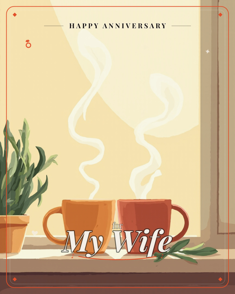 Two mugs, one mustard yellow and one brick red, sit side by side on a wooden windowsill with steam curling upward in soft spirals, a anniversary e-card design