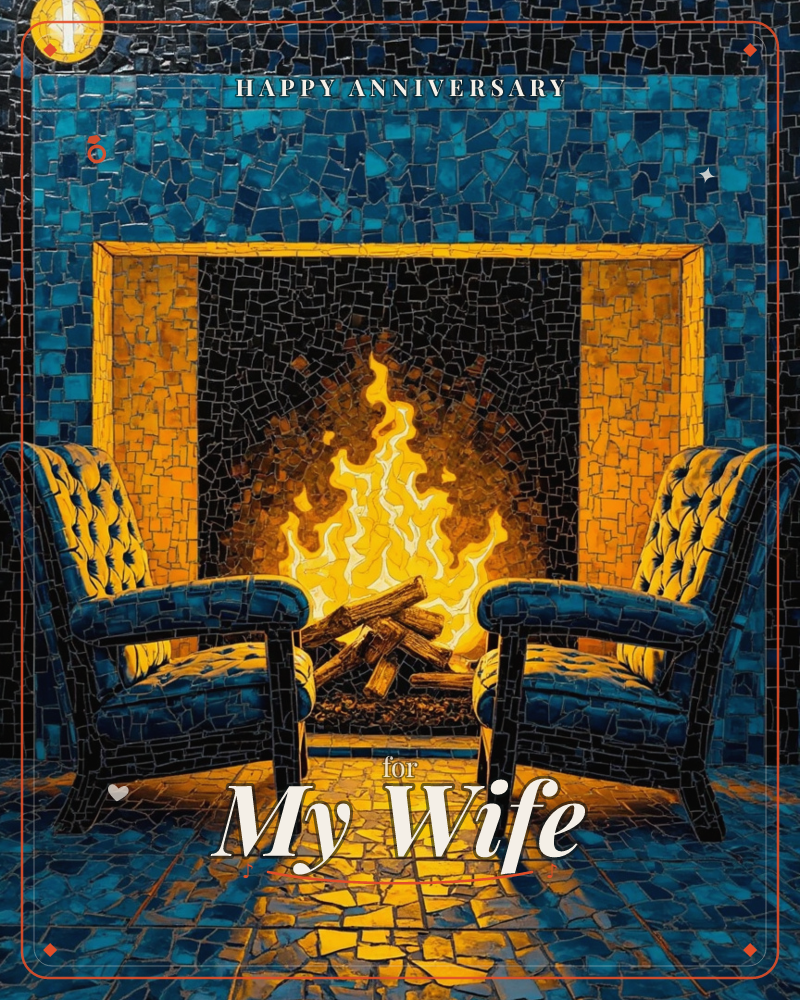 A mosaic-tiled fireplace glows with gold and amber flame between two deep blue tufted armchairs, the whole room built from small broken tiles in cool…, a anniversary e-card design