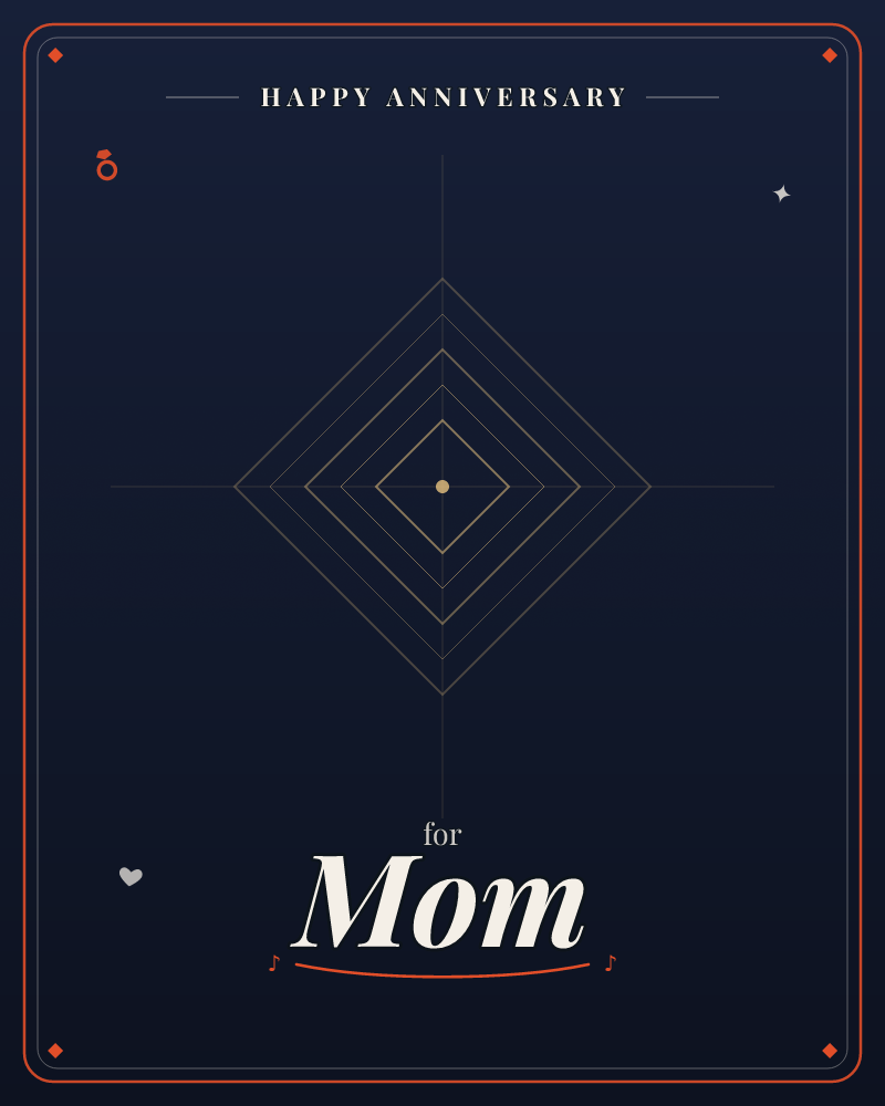 A deep midnight-blue background holds a set of concentric gold diamonds nested inside one another, crossed by a faint horizontal and vertical line like…, a anniversary e-card design by @DittyCityTeam