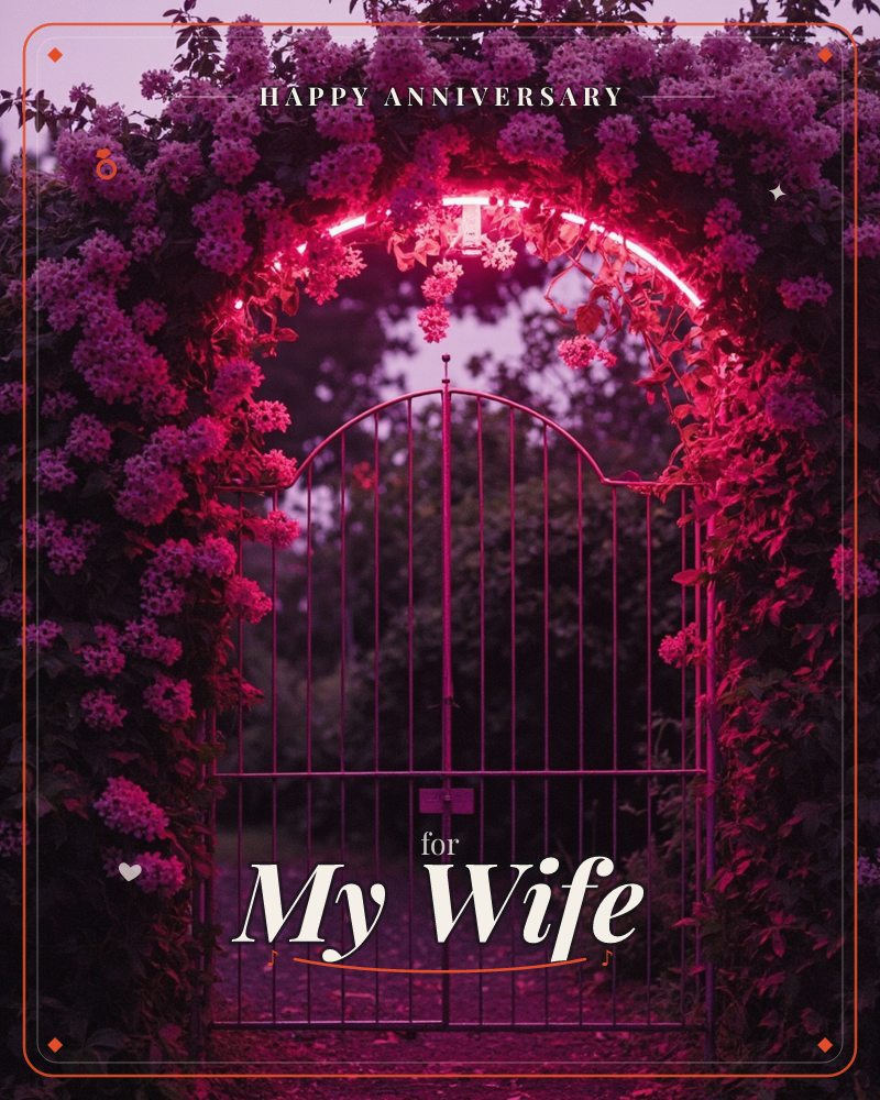 A wrought-iron garden gate stands closed beneath an archway smothered in blossoms, the whole scene lit by a glowing pink neon strip curved above the…, a anniversary e-card design