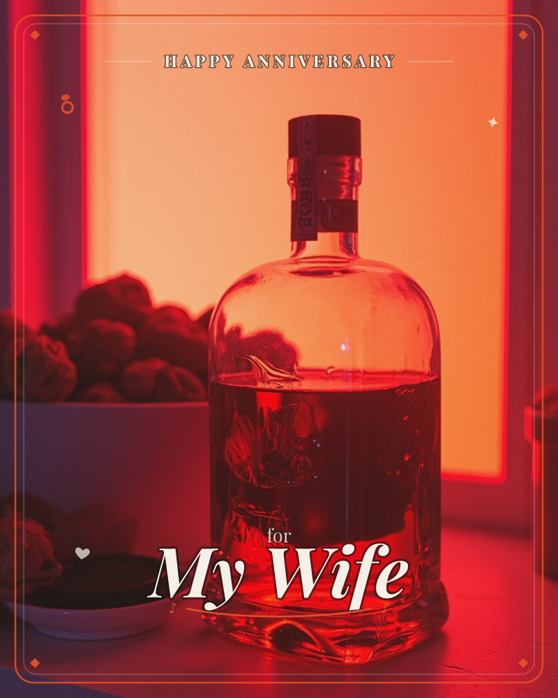 A glass bottle sits half full on a dark table, glowing amber and red under a warm backlight, with a bowl of round fruit softly blurred behind it, a anniversary e-card design