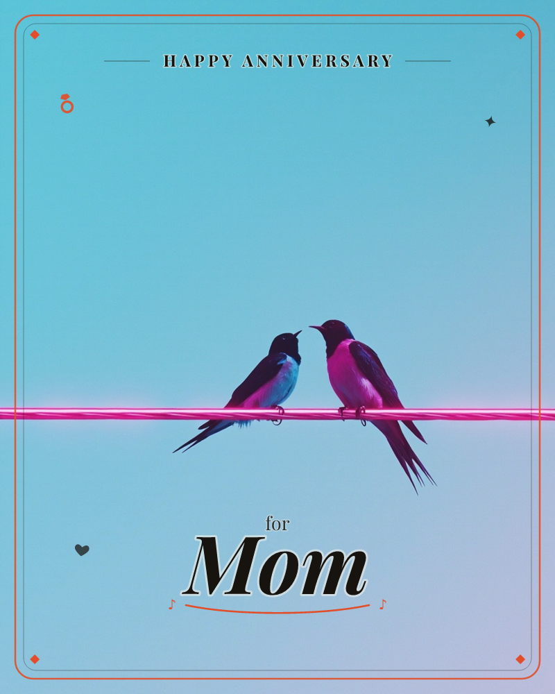 Two swallows perch beak to beak on a glowing pink wire, silhouetted against a smooth gradient of teal sky fading to dark at the edges, a anniversary e-card design
