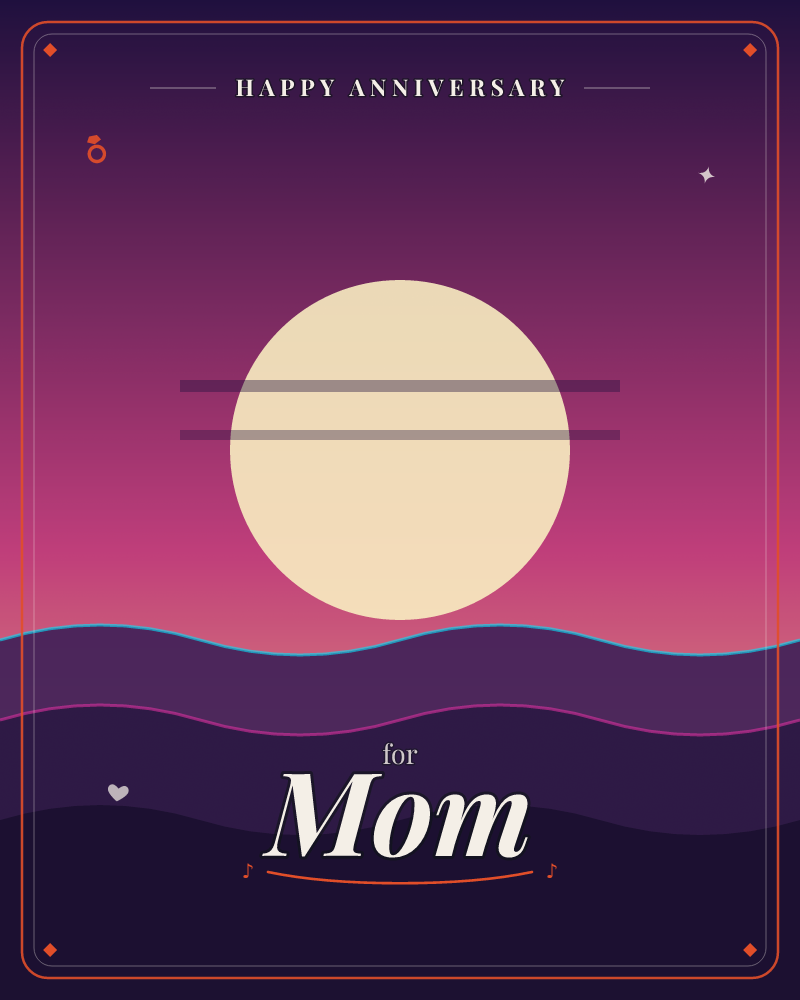 A large cream-colored moon glows against a magenta-to-violet sky, crossed by two thin horizontal bars like a horizon marker, a anniversary e-card design by @DittyCityTeam