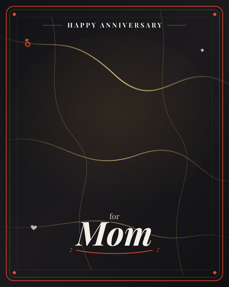 A deep charcoal-black background glows faintly at its centre with a warm amber light, crossed by thin gold lines that curve and ripple like loose…, a anniversary e-card design by @DittyCityTeam