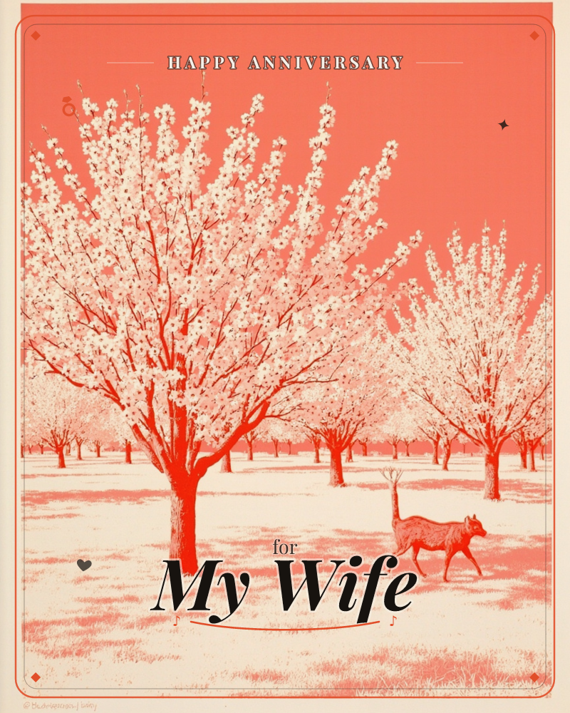 An orchard of blossoming trees stretches across the card in a single flat coral-red tone, their branches heavy with white flowers against a solid rosy sky, a anniversary e-card design