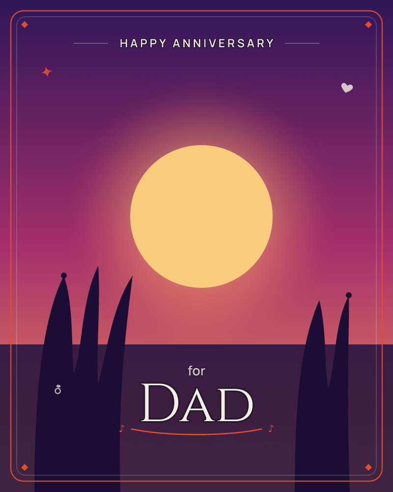 A glowing pale-gold sun hangs low over a flat dark horizon, its warm halo bleeding into a sky of deep purple and magenta, a anniversary e-card design by @DittyCityTeam