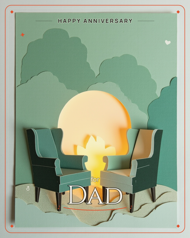 A paper-cut illustration shows two wingback armchairs facing each other before a glowing flame and a large luminous circle like a rising sun or moon, a anniversary e-card design