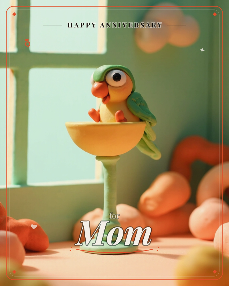 A claymation-style parakeet with a green cap and orange beak perches on the rim of a yellow goblet-shaped bowl, set before a mint-green window, a anniversary e-card design