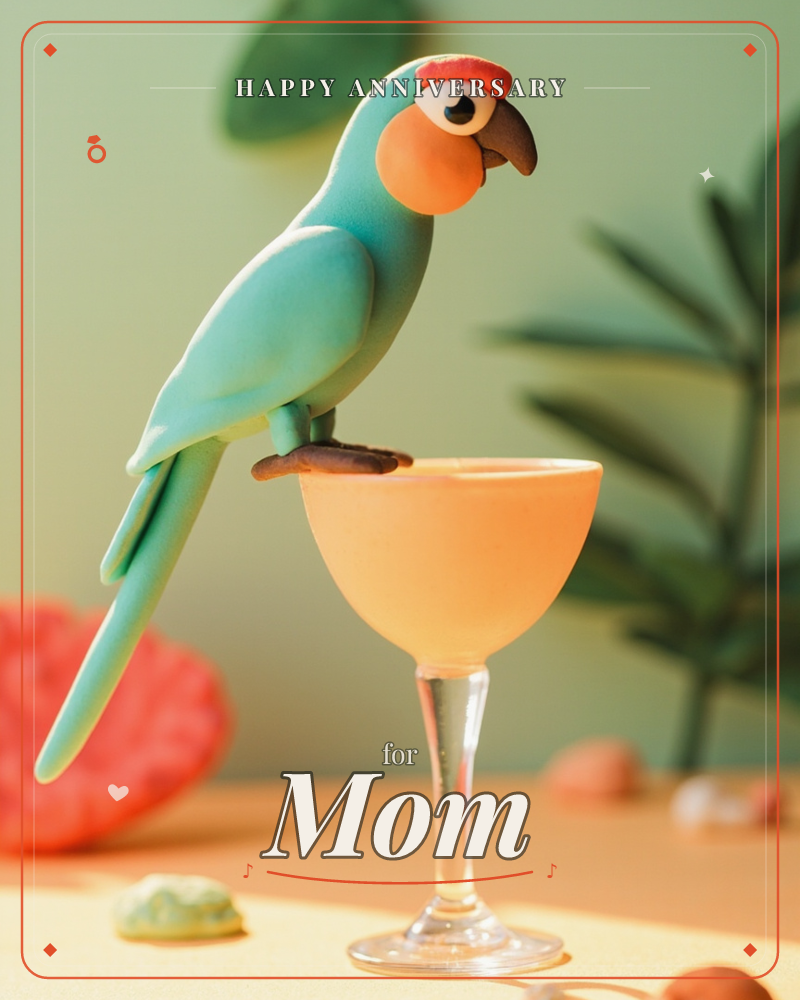 A stylised turquoise parrot with a coral-orange face perches jauntily on the rim of a glass coupe filled with a peachy cocktail, a anniversary e-card design
