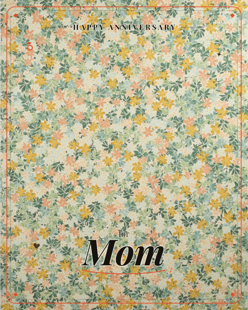 A dense all-over floral pattern covers the card edge to edge, with small five-petalled blossoms in coral, mustard and pale blue scattered among sage…, a anniversary e-card design