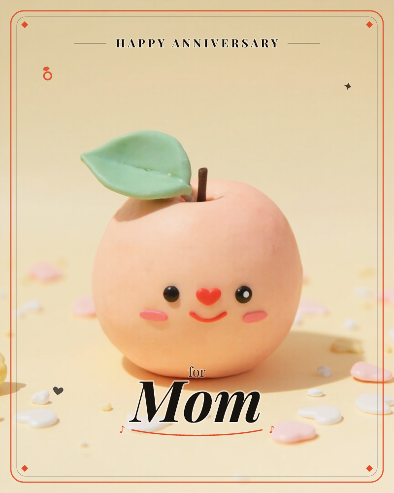 A clay-sculpted peach with a sweet smiling face, heart-shaped nose, and rosy cheeks sits on a warm cream surface, its single green leaf and brown stem…, a anniversary e-card design