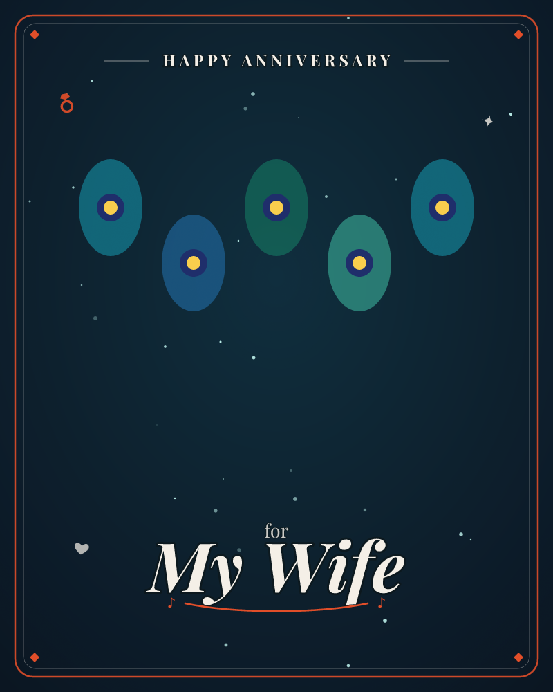 A deep midnight sky is scattered with tiny white stars, and across the upper half float five oval shapes in teal, blue and green, each with a golden…, a anniversary e-card design by @DittyCityTeam
