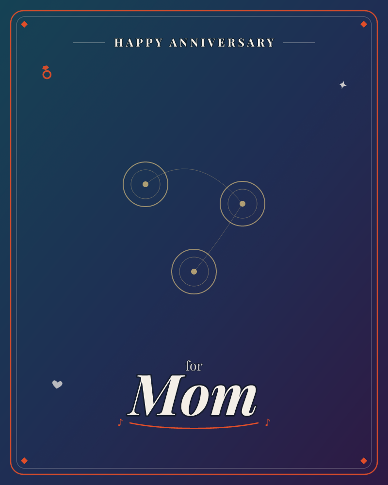 A deep midnight-blue gradient fades into violet shadow at the edges, with three faint gold rings scattered like distant planets connected by thin…, a anniversary e-card design by @DittyCityTeam