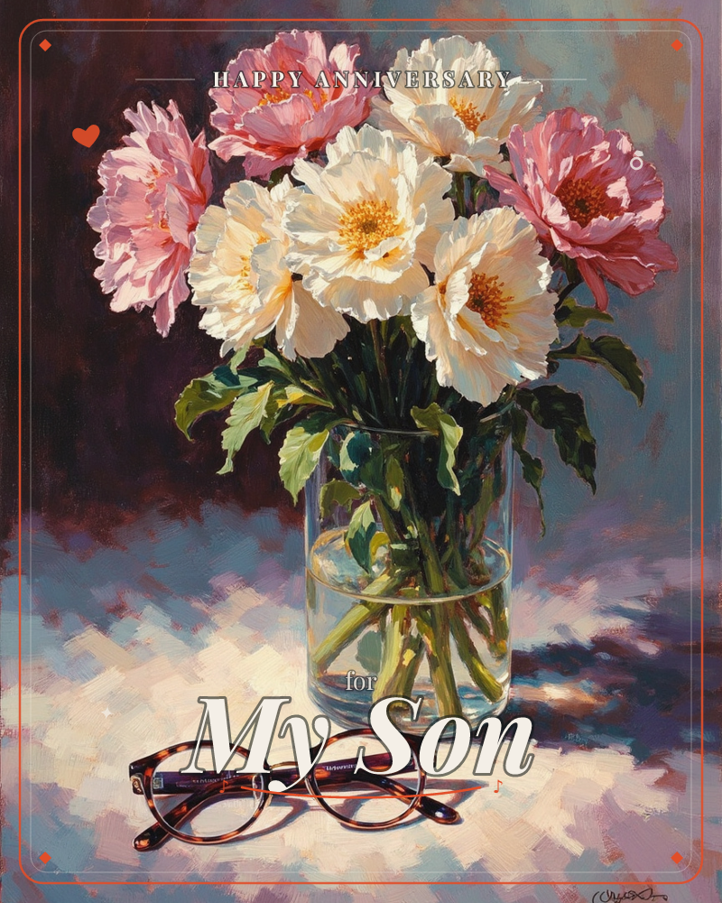 A glass vase crowded with white and pink peonies stands on a shadowed table, their golden centres catching a soft raking light against a moody…, a anniversary e-card design