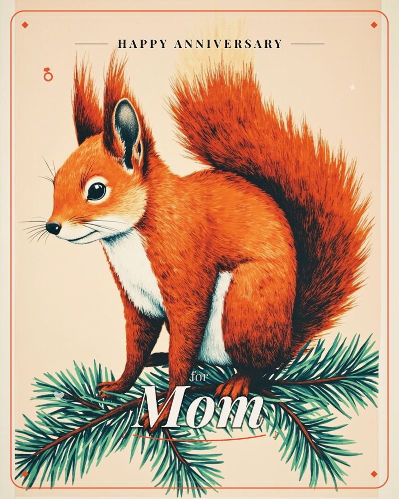 A red squirrel with a bushy, flame-coloured tail sits perched on a pine branch, its white belly fur fluffed against the chill, a anniversary e-card design