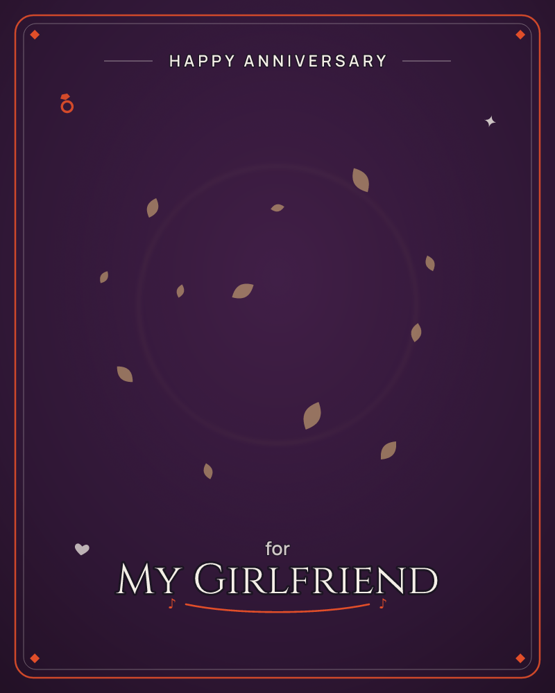 A faint circular ring glows softly against a deep plum-to-black background, scattered with small tan leaf shapes drifting around and within it like…, a anniversary e-card design by @DittyCityTeam