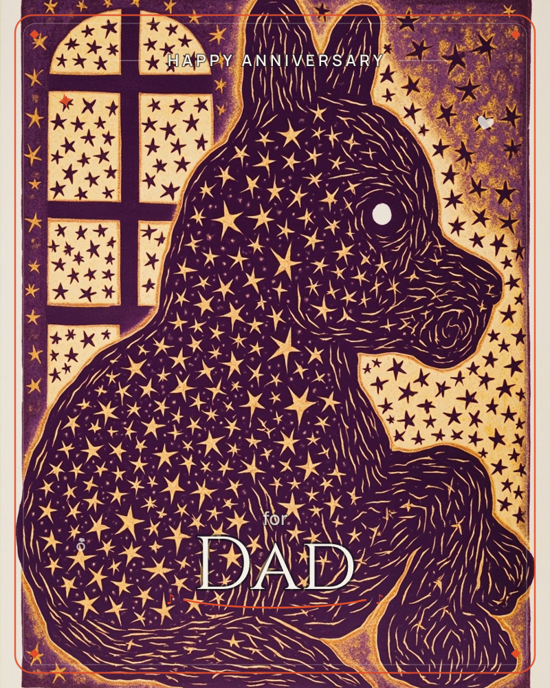 A seated dog is rendered as if made of night sky, its whole body filled with hand-carved stars in gold against deep purple, one plain white eye gazing…, a anniversary e-card design