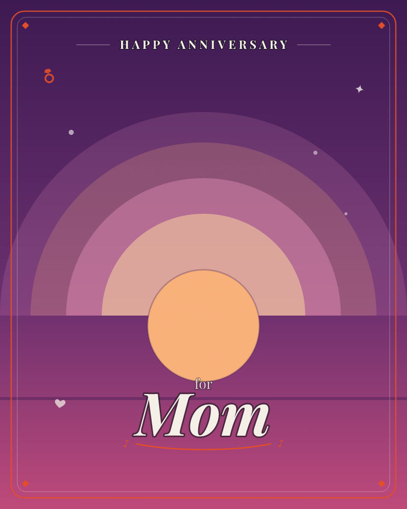 A glowing orange sun sits low on a flat horizon, ringed by concentric arcs of purple and mauve that fade upward into a deep violet night sky dotted…, a anniversary e-card design by @DittyCityTeam