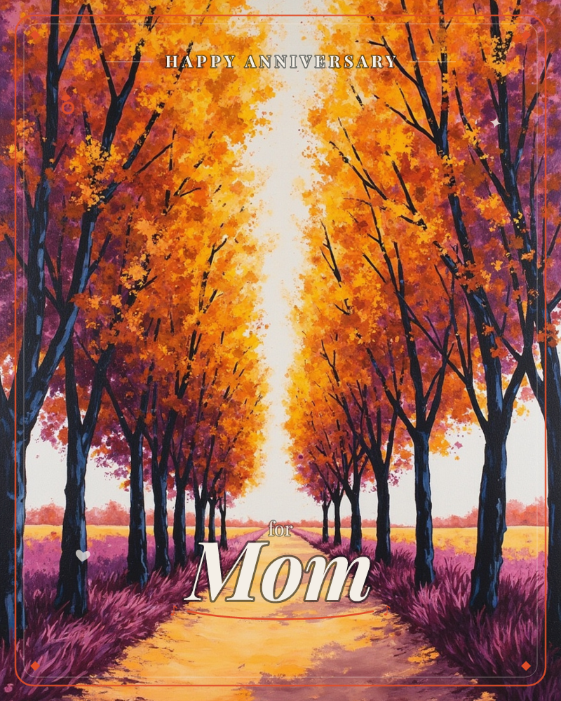A tree-lined path stretches into a glowing horizon, its dark trunks framing canopies of blazing orange and gold autumn leaves, a anniversary e-card design