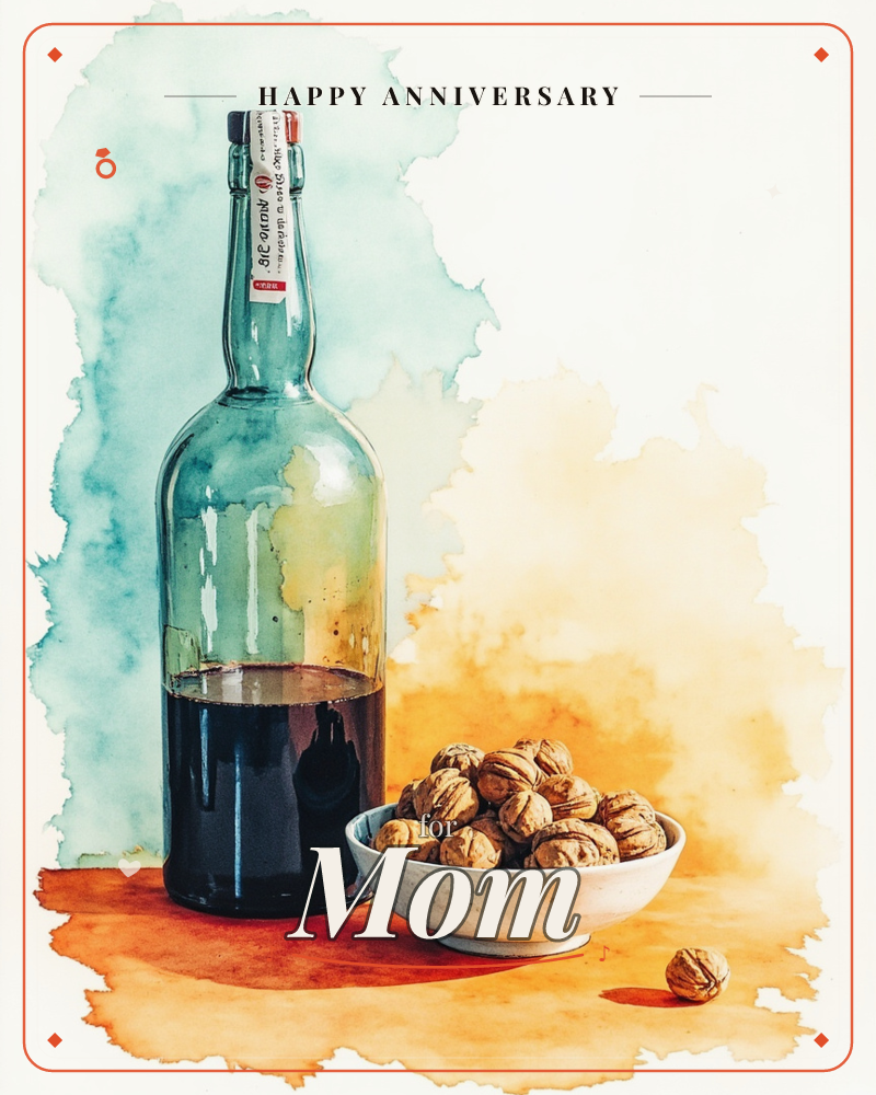 A tall glass wine bottle, half full of dark liquid, stands beside a white bowl heaped with whole walnuts, one nut rolled loose on the table, a anniversary e-card design