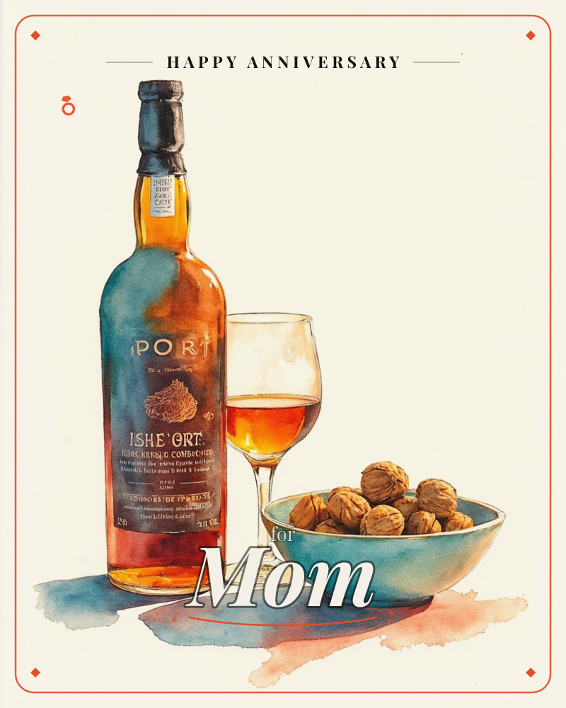 A watercolour still life shows a bottle of port wine with an amber label, a half-filled glass beside it catching warm light, and a turquoise bowl piled…, a anniversary e-card design