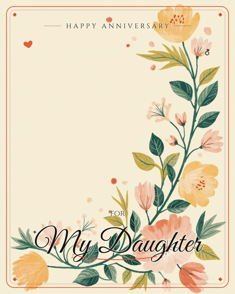 A trailing floral vine curls down the right edge and along the bottom of a soft cream page, blooming with apricot, blush and coral flowers among dark…, a anniversary e-card design