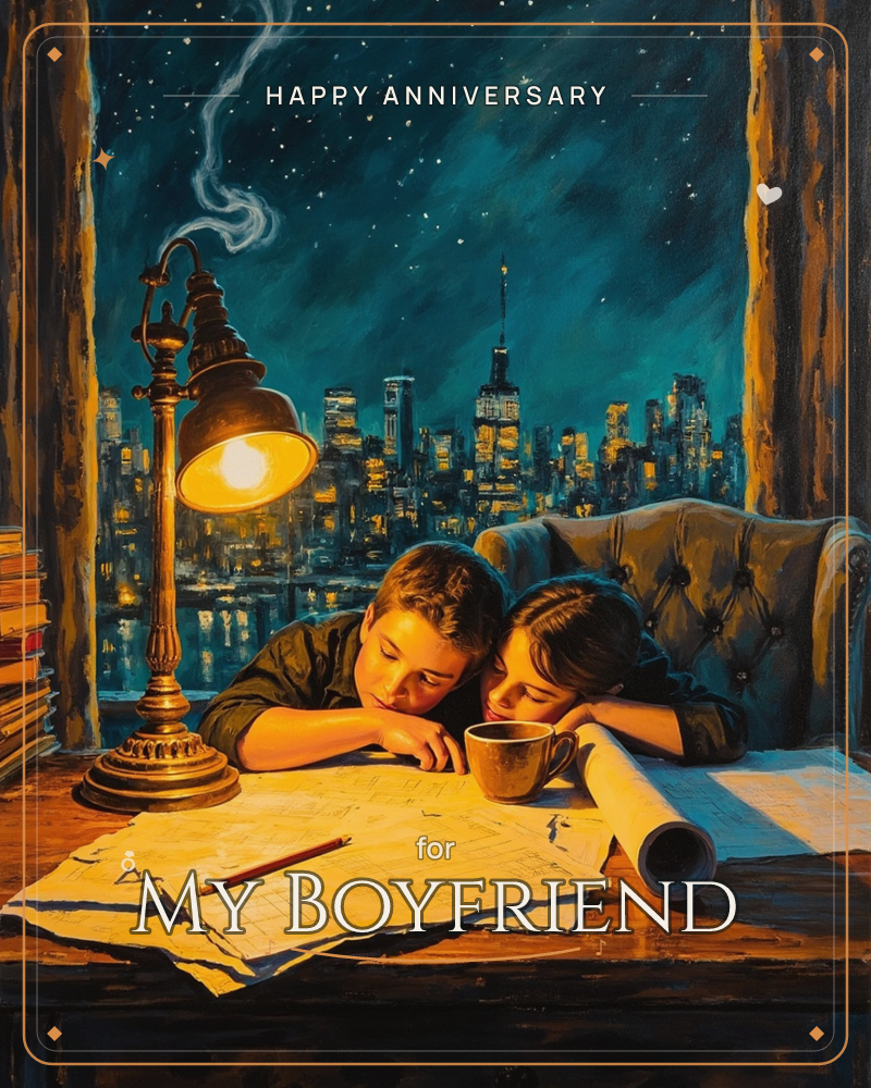 Oil painting of two children asleep at a wooden desk, heads resting together on their folded arms, beside a brass lamp glowing over scattered blueprint…, a anniversary e-card design