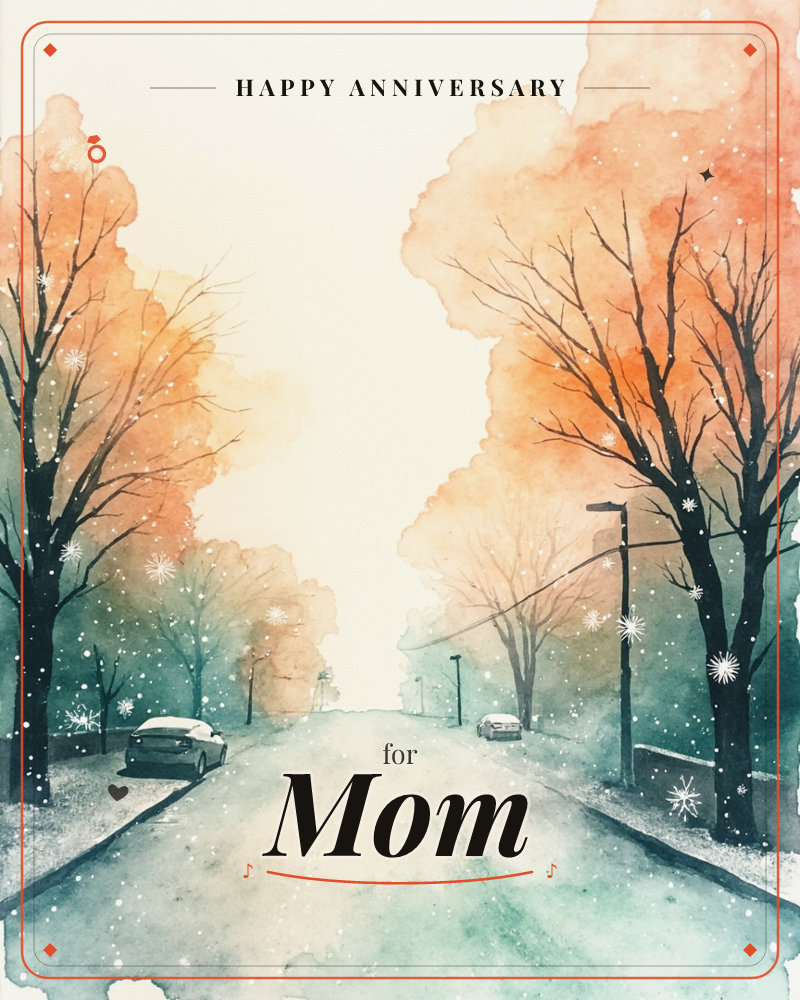 A quiet suburban street stretches into a soft, glowing haze, lined with bare trees whose canopies bloom in watercolour tones of coral and amber against…, a anniversary e-card design