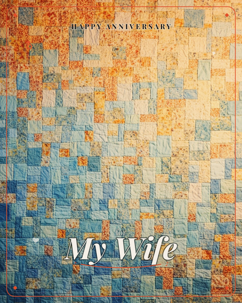 A patchwork quilt fills the frame, small squares of fabric stitched together in a gentle gradient that drifts from sunny orange and cream in the upper…, a anniversary e-card design
