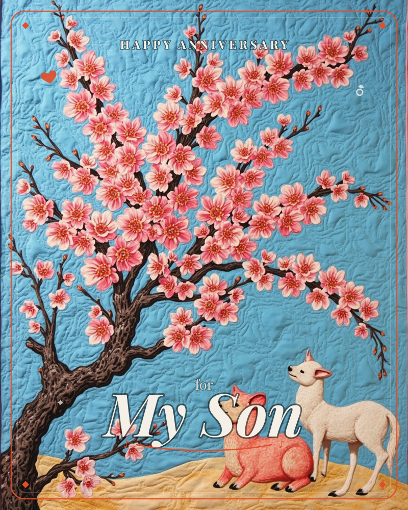 A quilted illustration shows a blossoming cherry tree arching over a sandy hillside against a soft blue sky, its branches heavy with pink flowers, a anniversary e-card design