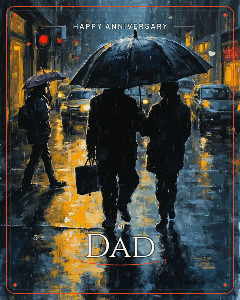 A rain-soaked city street glows amber and blue at night, headlights and shopfronts smearing into wet pavement, a anniversary e-card design