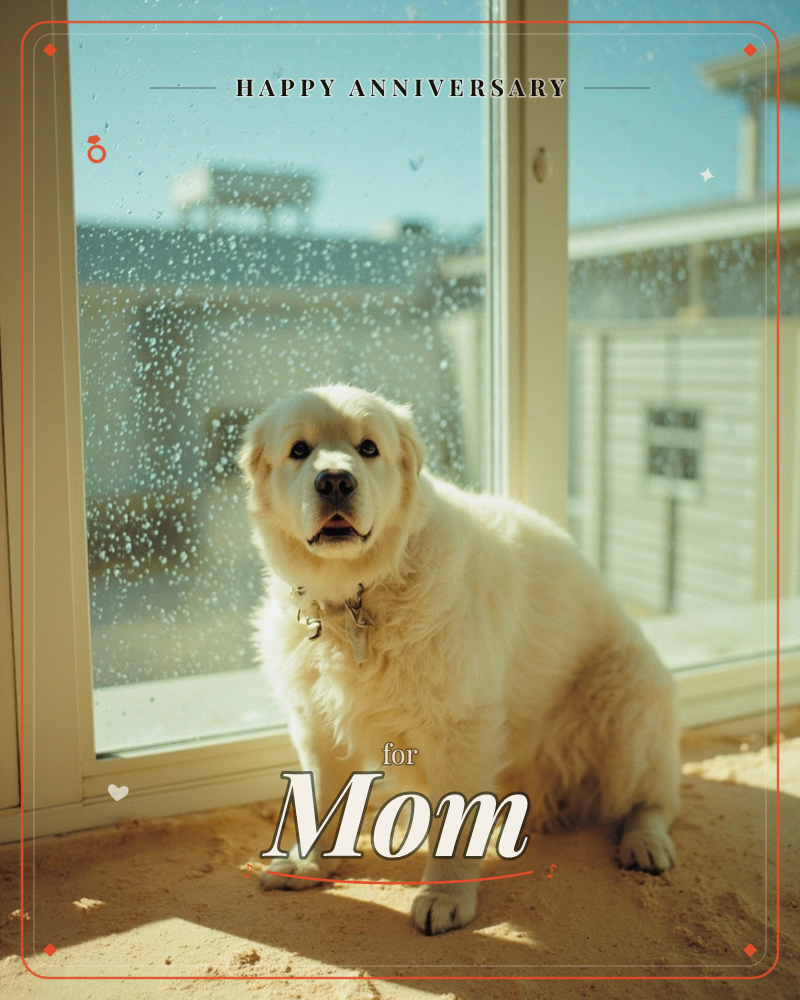 A fluffy white dog sits on a sandy floor beside a glass door speckled with dried sea-spray, its collar tag catching the sunlight, a anniversary e-card design