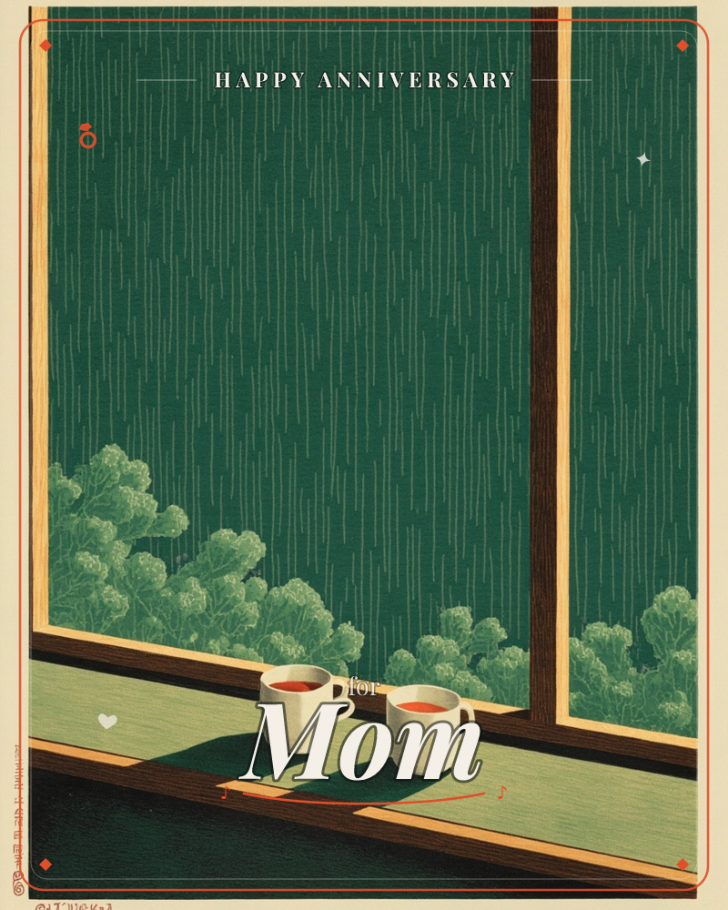 Two white mugs of tea sit on a dark wooden windowsill, catching a warm slant of light, while beyond the glass a steady rain streaks down over a deep…, a anniversary e-card design