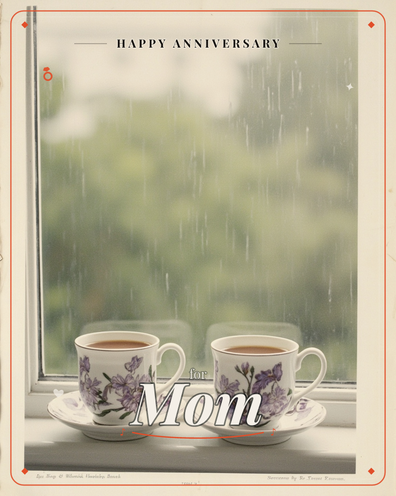 Two floral-patterned teacups sit filled on a windowsill, rain streaking down the glass behind them as blurred green foliage glows beyond, a anniversary e-card design