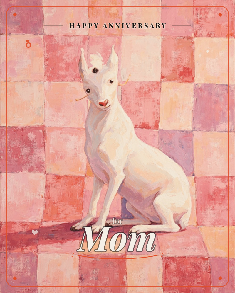 A white dog with pointed ears sits alertly against a patchwork of pink, coral and mauve checked squares, a anniversary e-card design