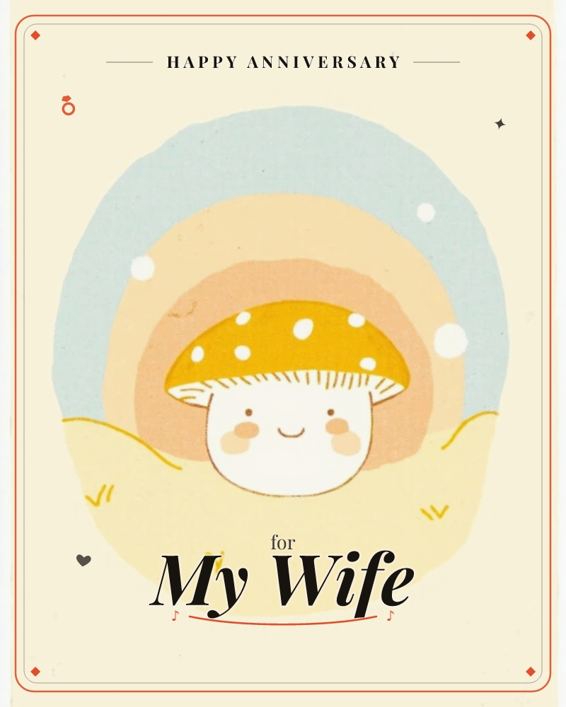 A round-faced mushroom with a yellow polka-dotted cap peeks up from a soft field, its cheeks blushed pink and its smile content, a anniversary e-card design