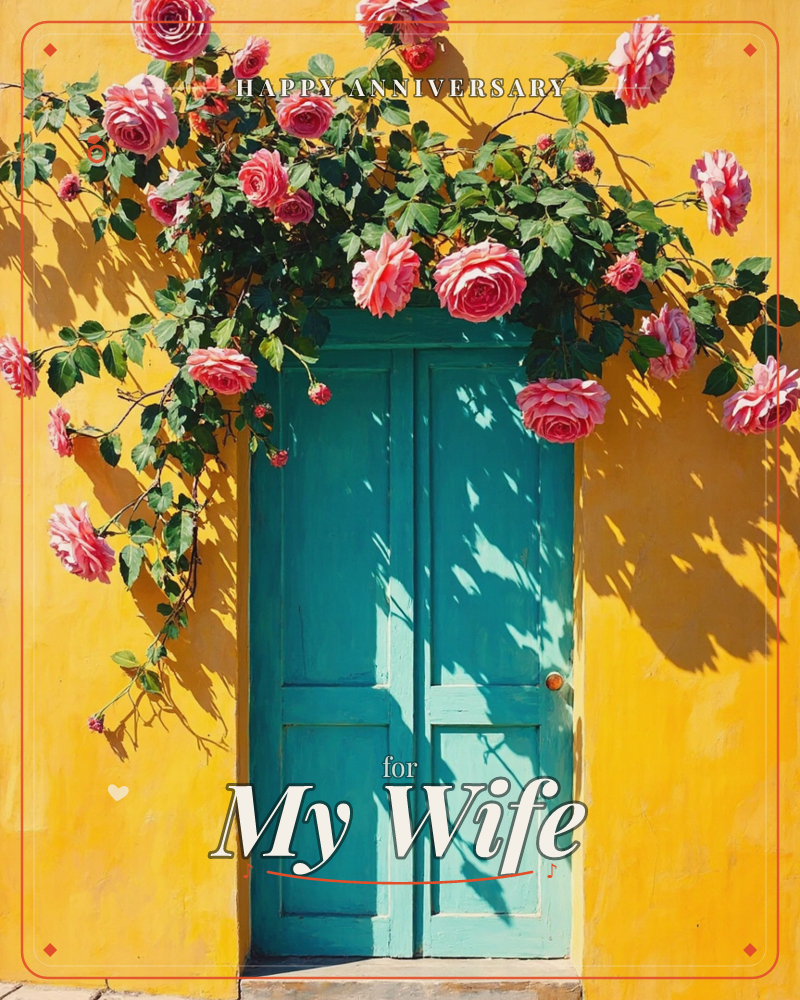 A weathered teal door is set into a sun-bright yellow wall, framed by a climbing rose bush heavy with pink blooms, a anniversary e-card design