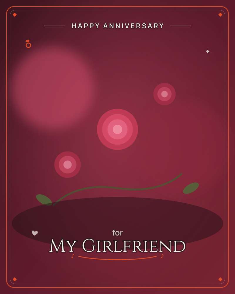 A deep crimson backdrop glows around a soft blurred circle of light, while three concentric pink rings float above a dark curved shadow like berries or…, a anniversary e-card design by @DittyCityTeam