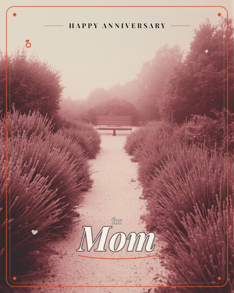 A gravel path cuts between two overflowing rows of lavender bushes, leading the eye toward an empty wooden bench framed by misty trees, a anniversary e-card design