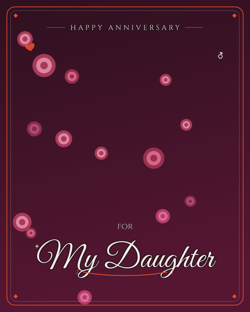 A deep wine-maroon background glows softly at the centre while scattered pink rings of varying sizes drift across it like bubbles or distant lights, a anniversary e-card design by @DittyCityTeam