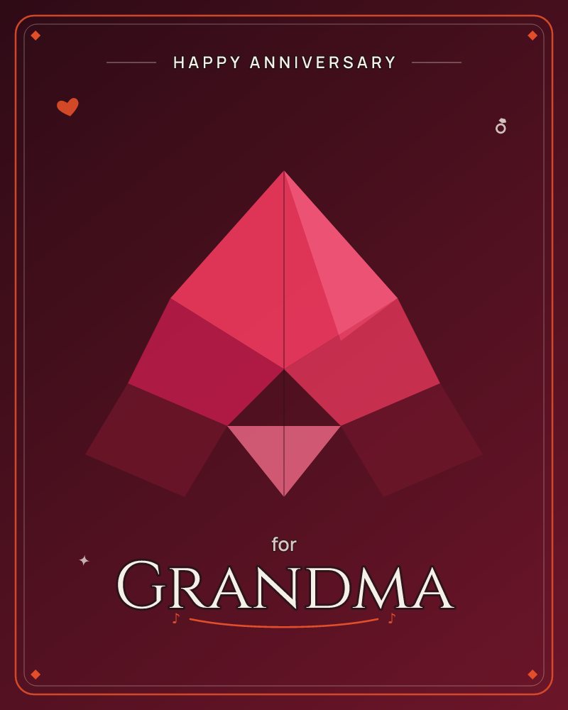 A faceted geometric shape rises like a low-poly mountain peak or arrowhead, built from triangular planes in shades of crimson and rose against a deep…, a anniversary e-card design by @DittyCityTeam