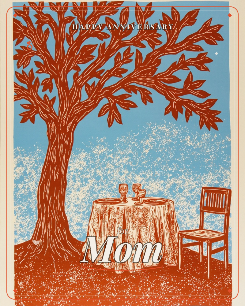 A rust-red linocut tree spreads its branches over a small table set with a draped cloth, two plates and two wine glasses, a single wooden chair pulled…, a anniversary e-card design