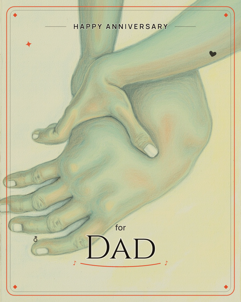 A close-up drawing of two hands clasped together, fingers interlaced and one hand cradling the other, rendered in soft pencil strokes with a cool…, a anniversary e-card design
