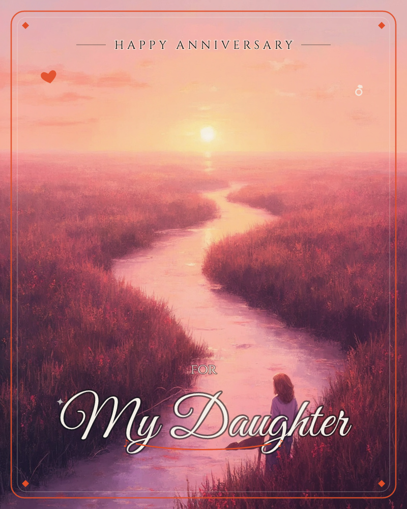 A winding river cuts through tall marsh grass, glowing pink and gold under a low setting sun, a anniversary e-card design